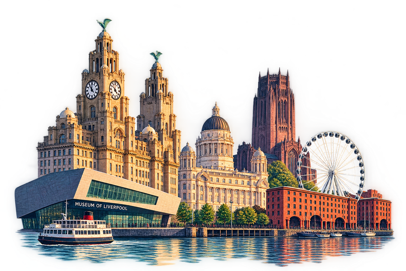 The Liverpool waterfront — the Liver Building, the Port of Liverpool Building, the Anglican Cathedral, Albert Dock, the wheel and a Mersey ferry.